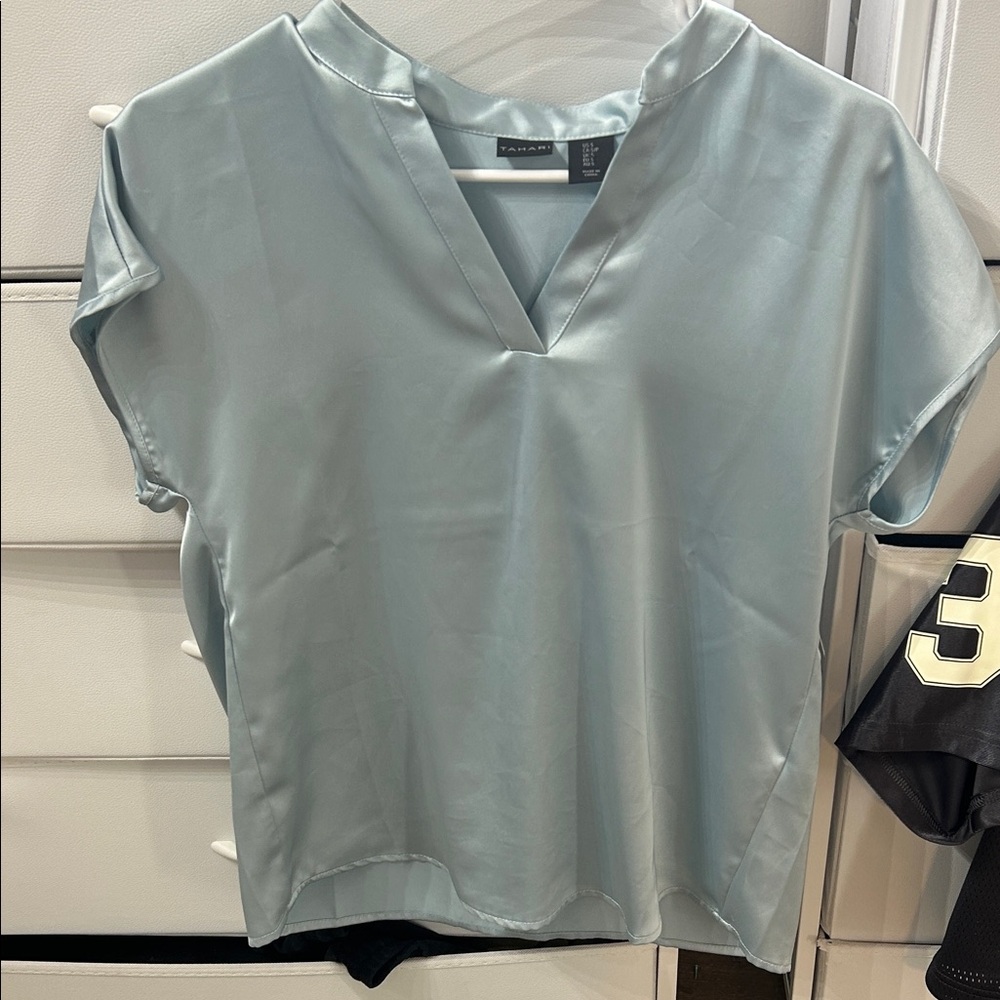 Tahari Soft Light Blue Satin V-Neck Blouse
